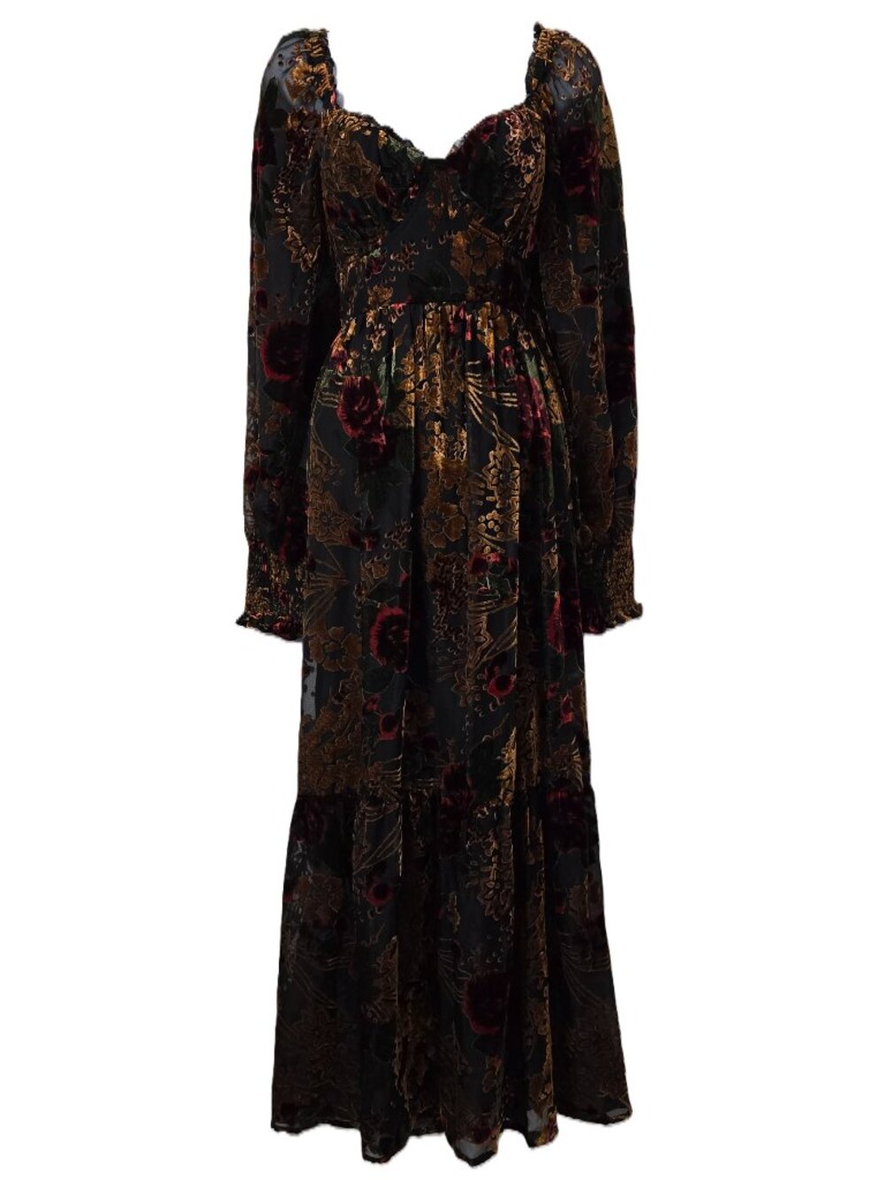 Baltic Born Velvet Burnout Dress L Maxi Puff Sleeve Smocked Black Copper Floral - Picture 4 of 12